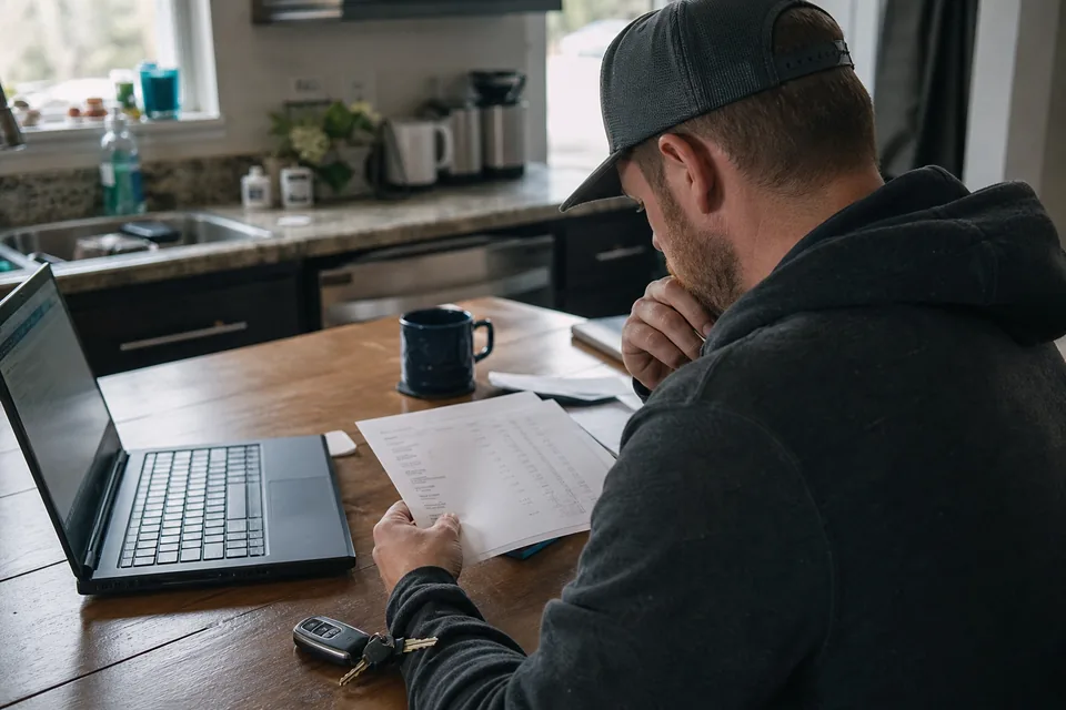 Home services owner comparing ad software costs at the kitchen table
