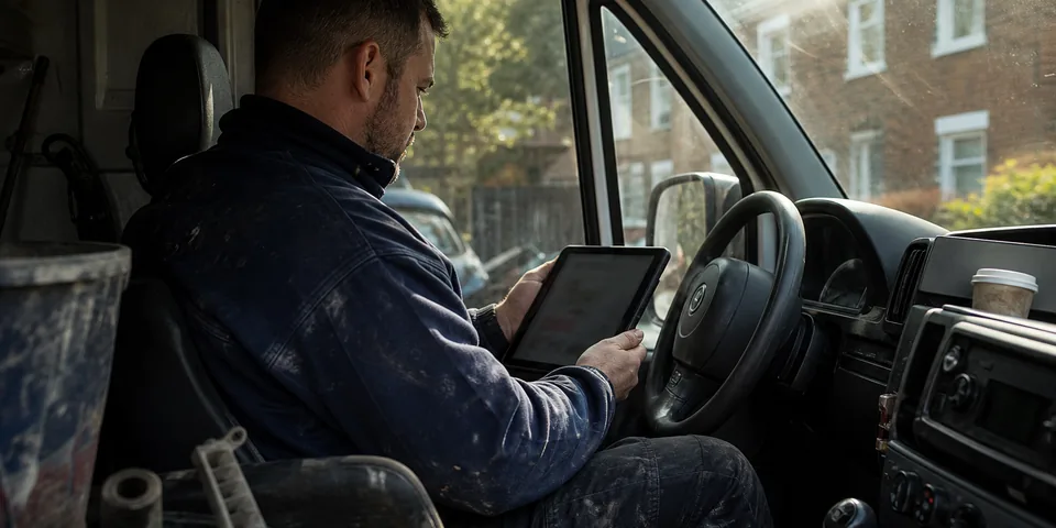 Plumbing business owner reviewing ad results in his van