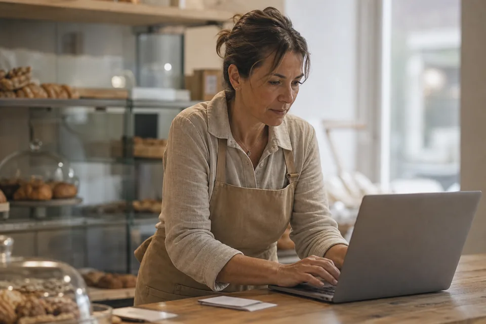 Bakery owner at the counter with a laptop preparing a newsletter