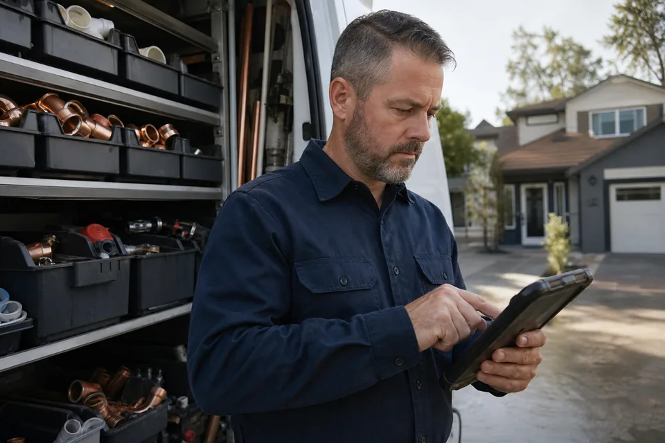 Home services owner checking a tablet at his service van