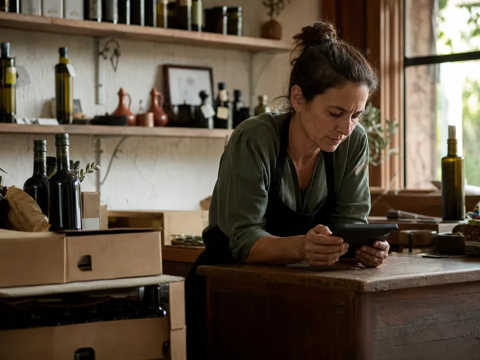 Olive oil shop owner reading a short task list on a tablet at the counter