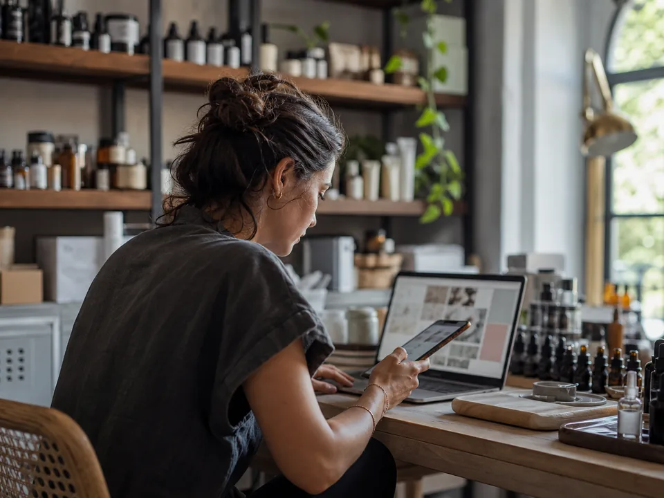Skincare brand owner comparing a post draft with ad results in her studio