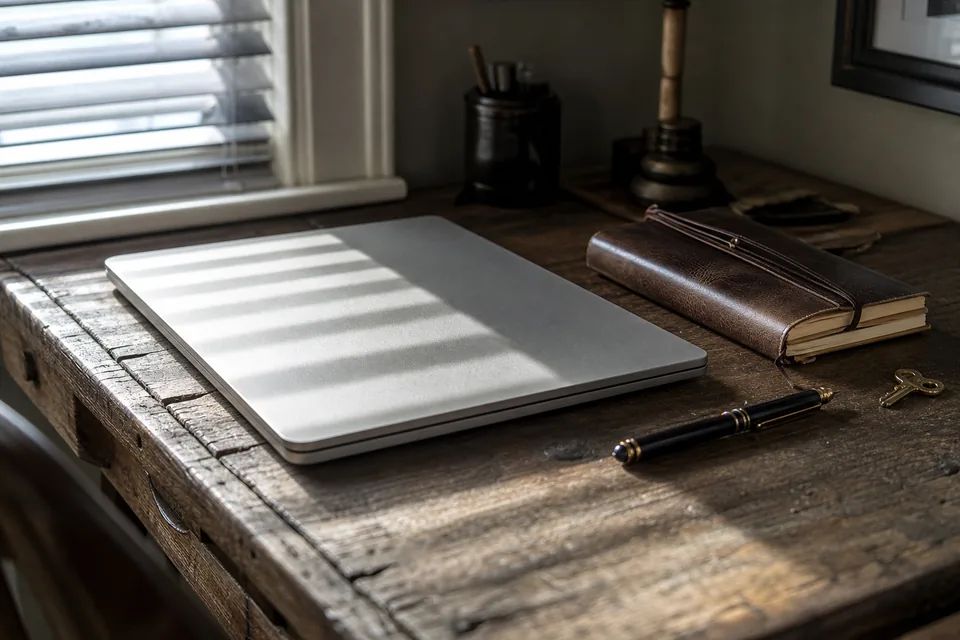 Closed laptop, notebook and key on an oak desk