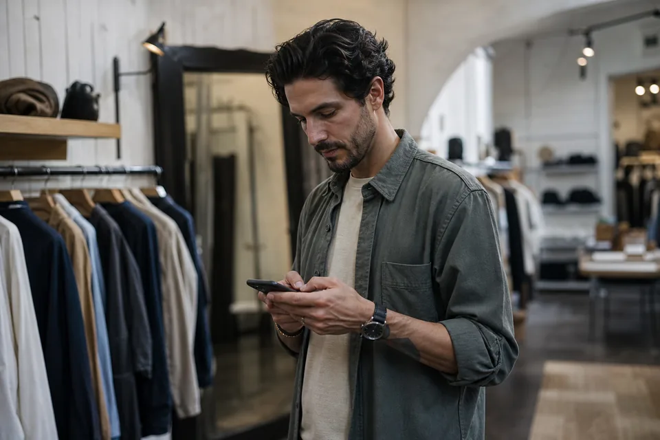Boutique owner holding a phone inside a bright shop